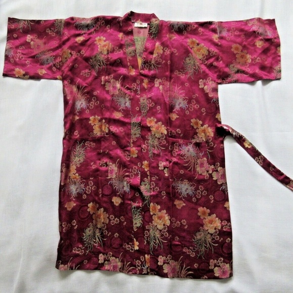 GOLDEN DRAGON kimono robe Size XL -14 Burgundy floral silky polyester - Picture 4 of 10